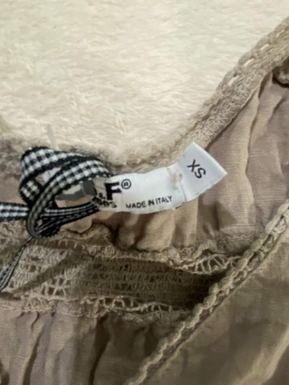 S&F 2005 Made in Italy 100% Mini Linen Dress Brown Crochet Fairy Cottagecore XS - Picture 5 of 13